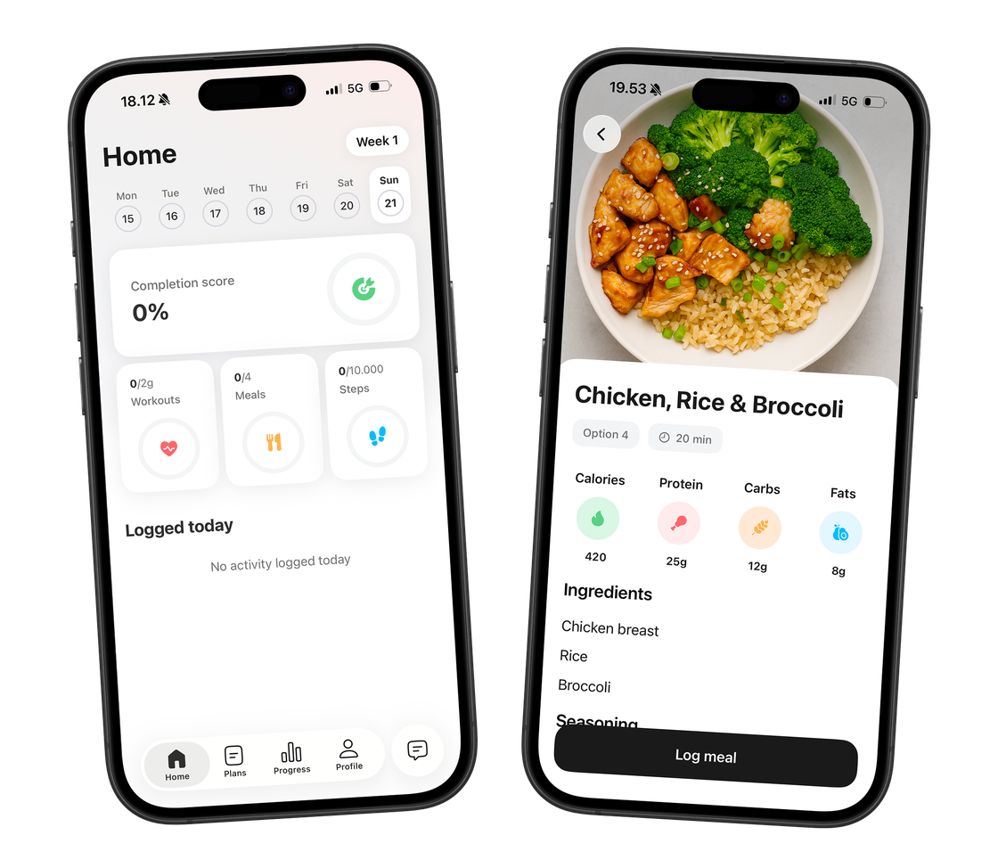 Pallas fitness app on iPhone showing personalised workouts and meal planning dashboard